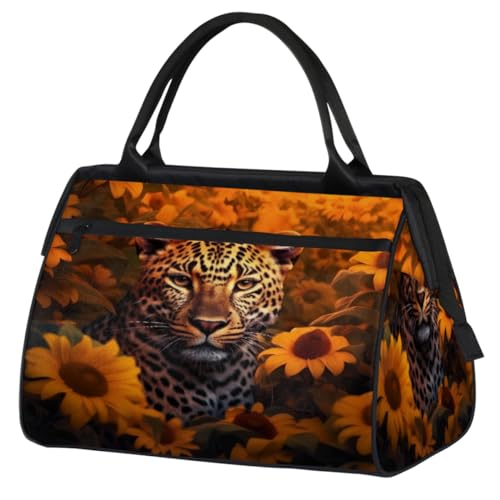 Sonnenblumen Leopard Turnbeutel für Damen Herren, Reise Sport Duffel Bag mit Trolleyhülle, wasserdichte Sport Gym Bag Weekender Übernachtung Tasche Carry On Tote Bag für Reisen Gym Sport, Sonnenblumen von cfpolar