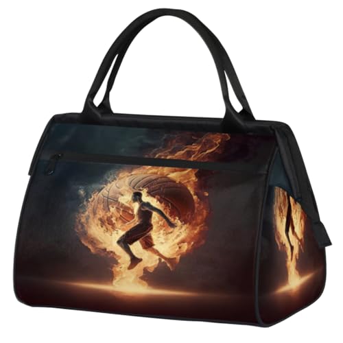 Sports Man Fire Burning Basketball Gym Bag für Damen Herren, Reise Sport Duffel Bag mit Trolleyhülle, wasserdichte Sport Gym Bag Weekender Übernachtung Tasche Carry On Tote Bag für Reisen Gym Sport, von cfpolar