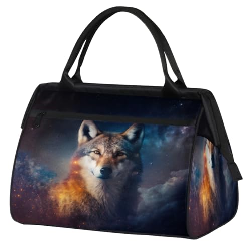 Sternenhimmel Tier Wolf Turnbeutel für Damen Herren, Reise Sport Duffel Bag mit Trolleyhülle, wasserdichte Sport Gym Bag Weekender Übernachtung Tasche Carry On Tote Bag für Reisen Gym Sport, von cfpolar