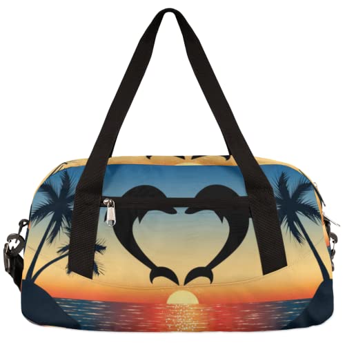 Strand-Sonnenuntergang Delfine Silhouette Herzform Kinder Duffle Bag Mädchen Tanztasche Leicht Wasserabweisend Faltbar Sport Gym Bag Weekender Übernachtung Übernachtung Handgepäck Reisetasche für von cfpolar