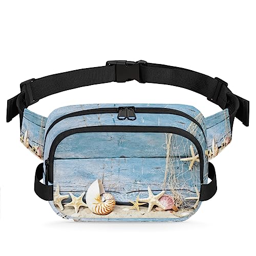 Strandmuschel Seestern Seil Blau Holz Fanny Pack für Männer Frauen, wasserdichte Reise Quadratische Hüfttasche Pack, Crossbody Brustgurt Bauchschlinge Umhängetasche Geldbörse für Reisen Wandern von cfpolar