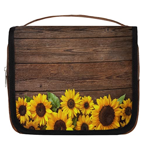 Sunflower Old Wooden Board Hanging Travel Toiletry Bag, Portable Makeup Cosmetic Bag for Women with Hanging Hook, Water-resistant Toiletry Kit Organizer for Toiletries Shower Bathroom Cosmetics von cfpolar