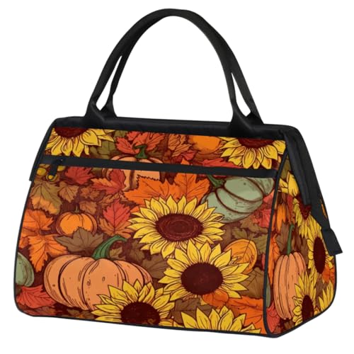 Sunflowers Maple Leaves Pumpkins Gym Bag for Women Men, Travel Sports Duffel Bag with Trolley Sleeve, Waterproof Sports Gym Bag Weekender Overnight Bag Carry On Tote Bag for Travel Gym Sport, von cfpolar
