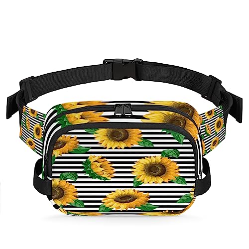 Sunflowers On Black White Stripes Fanny Pack for Men Women, Fashionable Crossbody Belt Bags Square Waist Pack with Adjustable Strap for Travel Hiking Workout Cycling Running von cfpolar