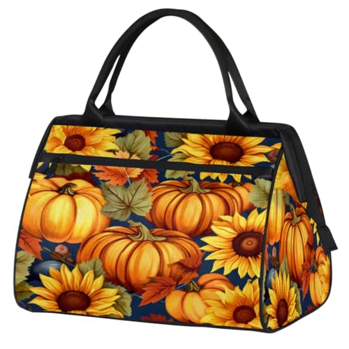 Sunflowers Pumpkins Maple Leaves Gym Bag for Women Men, Travel Sports Duffel Bag with Trolley Sleeve, Waterproof Sports Gym Bag Weekender Overnight Bag Carry On Tote Bag for Travel Gym Sport, von cfpolar