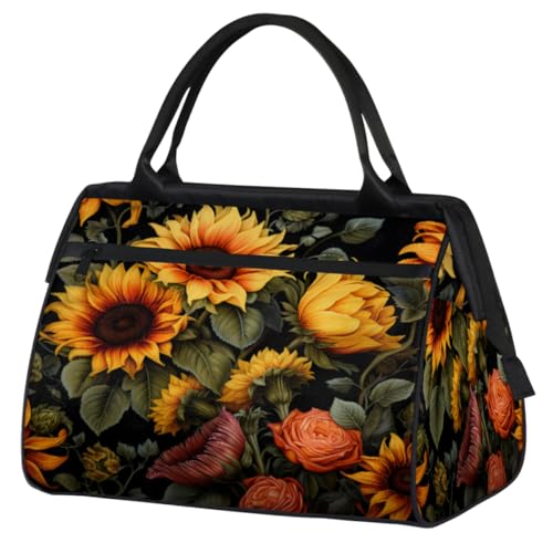 Sunflowers Rose Flowers Gym Bag for Women Men, Travel Sports Duffel Bag with Trolley Sleeve, Waterproof Sports Gym Bag Weekender Overnight Bag Carry On Tote Bag for Travel Gym Sport, Sonnenblumen Rose von cfpolar
