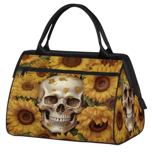 Sunflowers Skull Gym Bag for Women Men, Travel Sports Duffel Bag with Trolley Sleeve, Waterproof Sports Gym Bag Weekender Overnight Bag Carry On Tote Bag for Travel Gym Sport, Sonnenblumen Schädel, von cfpolar