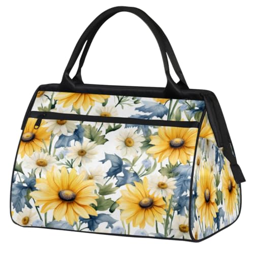 Sunflowers White Daisy Flowers Gym Bag for Women Men, Travel Sports Duffel Bag with Trolley Sleeve, Waterproof Sports Gym Bag Weekender Overnight Bag Carry On Tote Bag for Travel Gym Sport, von cfpolar