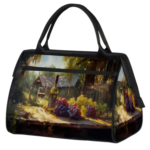 Sunny Wine Grapes House Painting Gym Bag for Women Men, Travel Sports Duffel Bag with Trolley Sleeve, Waterproof Sports Gym Bag Weekender Overnight Bag Carry On Tote Bag for Travel Gym Sport, Sonnige von cfpolar