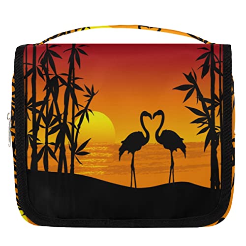 Sunset Bambus-Flamingos hängende Reise-Kulturbeutel, tragbare Make-up-Kosmetiktasche für Frauen mit Aufhängehaken, wasserabweisendes Toilettenartikel-Set, Organizer für Toilettenartikel, Dusche, von cfpolar