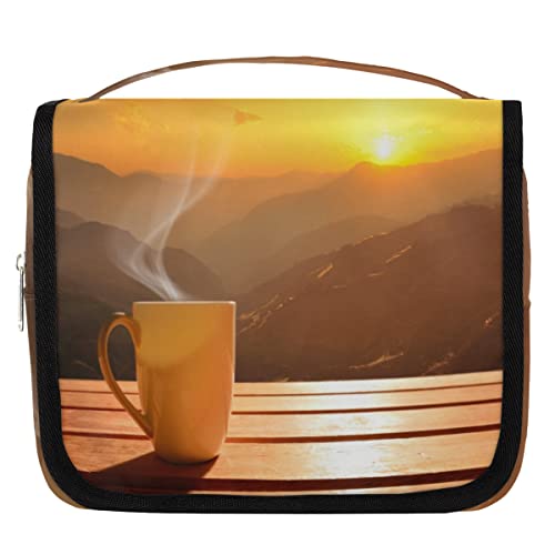 Sunset Coffee Wooden Board Hanging Travel Toiletry Bag, Portable Makeup Cosmetic Bag for Women with Hanging Hook, Water-resistant Toiletry Kit Organizer for Toiletries Shower Bathroom Cosmetics von cfpolar