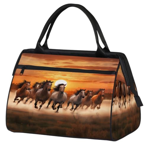 Sunset Running Brown Horses Gym Bag for Women Men, Travel Sports Duffel Bag with Trolley Sleeve, Waterproof Sports Gym Bag Weekender Overnight Bag Carry On Tote Bag for Gym Sport Travel, Sunset von cfpolar