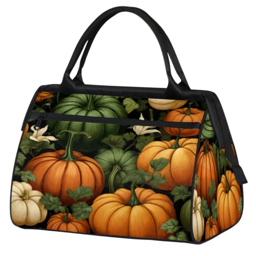 Thanksgiving Pumpkin White Flowers Gym Bag for Women Men, Travel Sports Duffel Bag with Trolley Sleeve, Waterproof Sports Gym Bag Weekender Overnight Bag Carry On Tote Bag for Travel Gym Sport, von cfpolar