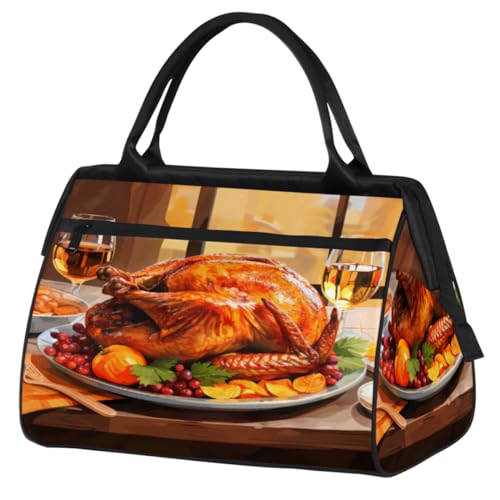 Thanksgiving Roasted Turkey Wine Gym Bag for Women Men, Travel Sports Duffel Bag with Trolley Sleeve, Waterproof Sports Gym Bag Weekender Overnight Bag Carry On Tote Bag for Travel Gym Sport, von cfpolar