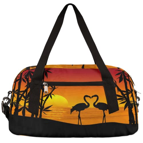 Tropischer Flamingo Bambus Sonnenuntergang Kinder Duffle Bag Mädchen Tanztasche Leicht Wasserabweisend Faltbar Sport Gym Bag Weekender Übernachtung Übernachtung Handgepäck Reisetasche für Jungen von cfpolar