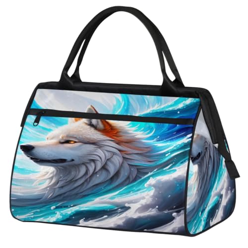 Turnbeutel mit grauem Wolf und blauem Hintergrund, für Damen und Herren, Reisetasche, Sporttasche mit Trolleyhülle, wasserdicht, für Reisen, Fitnessstudio, Sport, Tier Grau Wolf Blauer Hintergrund, von cfpolar