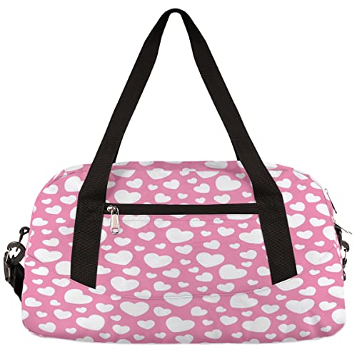 Valentinstag Weiß Rosa Herz Kinder Duffle Bag Mädchen Tanztasche Leicht Wasserabweisend Faltbar Sport Gym Bag Weekender Übernachtung Übernachtung Handgepäck Reisetasche für Jungen Mädchen von cfpolar