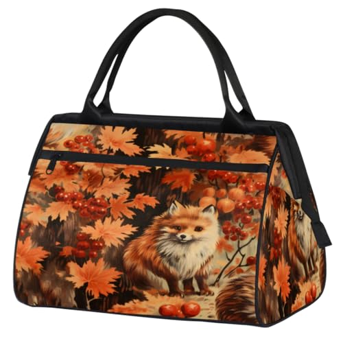 Vintage Animal Fox Berry Maple Leaf Gym Bag for Women Men, Travel Sports Duffel Bag with Trolley Sleeve, Waterproof Sports Gym Bag Weekender Overnight Bag Carry On Tote Bag for Travel Gym Sport, von cfpolar