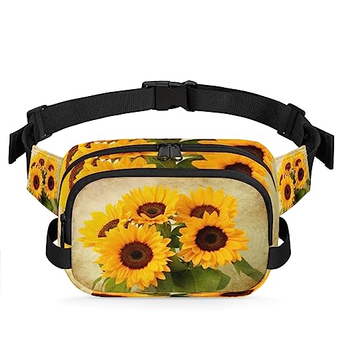 Vintage Aquarell Sonnenblume Blumen Bauchtasche für Männer Frauen, wasserdichte Reise Quadratische Hüfttasche Pack, Crossbody Brustgurt Bauchschlinge Schultertasche Geldbörse für Reisen Wandern von cfpolar