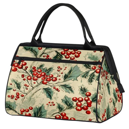 Vintage Weihnachten Berry Holly Leaves Gym Bag for Women Men, Travel Sports Duffel Bag with Trolley Sleeve, Waterproof Sports Gym Bag Weekender Overnight Bag Carry On Tote Bag for Travel Gym Sport, von cfpolar