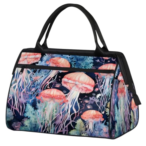 Watercolor Jellyfish Waterweed Gym Bag for Women Men, Travel Sports Duffel Bag with Trolley Sleeve, Waterproof Sports Gym Bag Weekender Overnight Bag Carry On Tote Bag for Travel Gym Sport, Aquarell von cfpolar