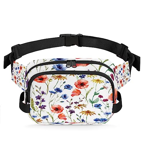 Wildflowers Bauchtasche mit Aquarell-Mohnblumen, Kornblume, Kamille, für Herren und Damen, modische Crossbody-Gürteltaschen, quadratische Hüfttasche mit verstellbarem Riemen für Reisen, Wandern, von cfpolar