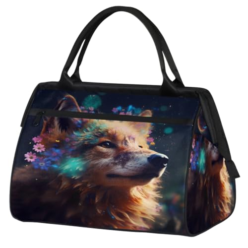 Wolf Blumen Muster Turnbeutel für Damen Herren, Reise Sport Duffel Bag mit Trolleyhülle, wasserdichte Sport Gym Bag Weekender Übernachtung Tasche Carry On Tote Bag für Reisen Gym Sport, Wolf Blumen von cfpolar