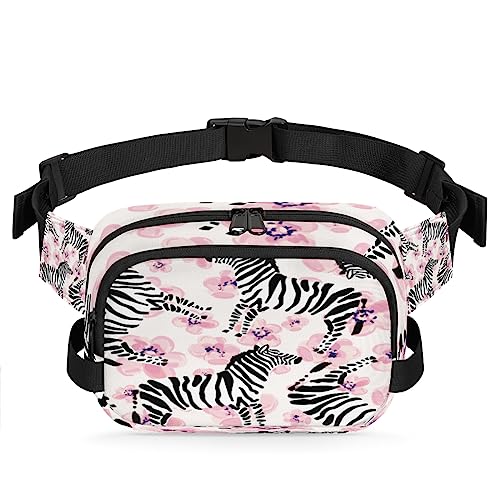 Zebra Rosa Blumen Hintergrund Bauchtasche für Männer Frauen, wasserdichte Reise Quadratische Hüfttasche Pack, Crossbody Brustgurt Bauchschlinge Schultertasche Geldbörse für Reisen Wandern Radfahren von cfpolar