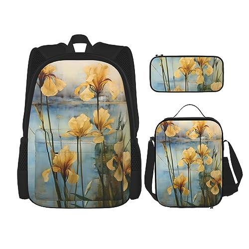 cfpolar 3 Stück Rucksack, Ahornblätter Blumen Rucksack Mittagessen Tasche Federmäppchen Reise Laptop Rucksack Büchertasche Lunchbox Thermo-Kühltasche Kulturbeutel Aufbewahrungstasche Für Arbeit von cfpolar