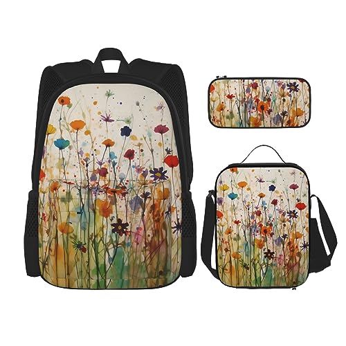 cfpolar 3 Stück Rucksack, Aquarell Bunte Blumen Rucksack Mittagessen Tasche Bleistift Fall Reise Laptop Rucksack Büchertasche Lunch Box Thermo Kühler Tote Bag Kulturbeutel Für Reisen Arbeit Picknick von cfpolar