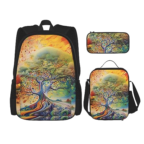 cfpolar 3 Stück Rucksack, Aquarell Bunter Baum Rucksack Mittagessen Tasche Federmäppchen Reise Laptop Rucksack Büchertasche Lunchbox Thermo-Kühltasche Kulturbeutel Aufbewahrungstasche Für Reisen von cfpolar