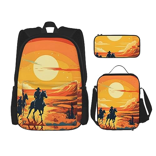 cfpolar 3 Stück Rucksack, Aquarell Reitpferd Sonnenaufgang Rucksack Mittagessen Tasche Bleistift Fall Reise Laptop Rucksack Büchertasche Lunchbox Thermo Kühler Tote Bag Kulturbeutel Für Reisen Arbeit von cfpolar