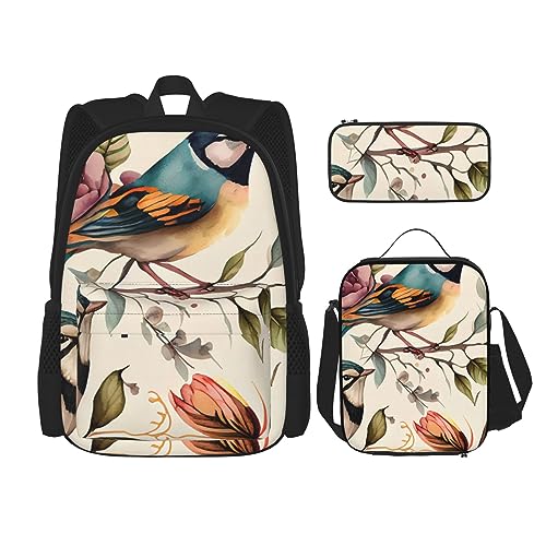 cfpolar 3 Stück Rucksack, Aquarell Vögel Blumen Zweige Rucksack Mittagessen Tasche Bleistift Fall Reise Laptop Rucksack Büchertasche Lunch Box Thermo Kühler Tote Bag Kulturbeutel Für Reisen Arbeit von cfpolar