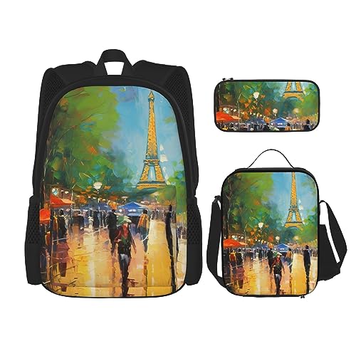 cfpolar 3 Stück Rucksack, Eiffelturm Menschen Ölgemälde Rucksack Mittagessen Tasche Bleistift Fall Reise Laptop Rucksack Büchertasche Lunchbox Thermo Kühler Tote Bag Kulturbeutel Aufbewahrungstasche von cfpolar