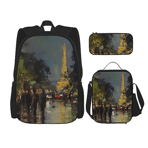 cfpolar 3 Stück Rucksack, Eiffelturm Ölgemälde Rucksack Mittagessen Tasche Federmäppchen Reise Laptop Rucksack Büchertasche Lunchbox Thermo-Kühltasche Kulturbeutel Aufbewahrungstasche Für Reisen von cfpolar