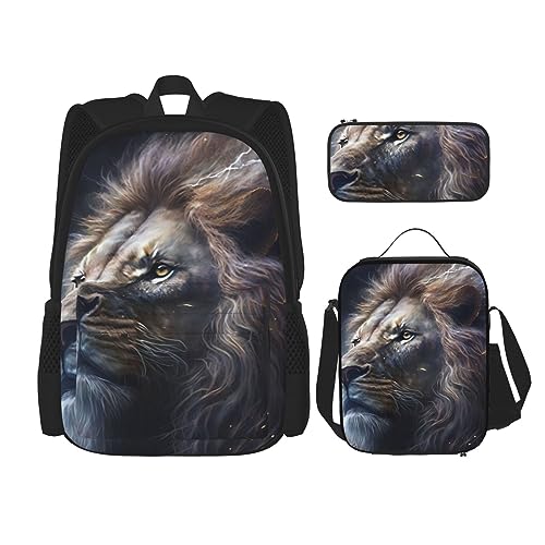 cfpolar 3 Stück Rucksack, Feuer Eis Tier Löwe Rucksack Mittagessen Tasche Bleistift Fall Reise Laptop Rucksack Büchertasche Lunch Box Thermo Kühler Tote Bag Kulturbeutel Aufbewahrungstasche Für Reisen von cfpolar