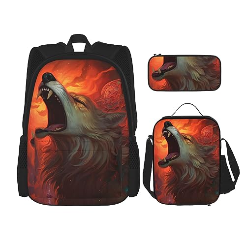 cfpolar 3 Stück Rucksack, Feuertier Wolf Rucksack Mittagessen Tasche Federmäppchen Reise Laptop Rucksack Büchertasche Lunch Box Thermo Kühltasche Kulturbeutel Aufbewahrungstasche Für Reisen Arbeit von cfpolar