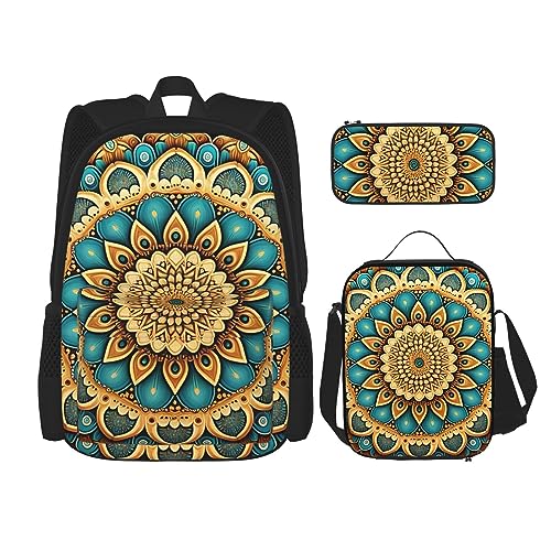 cfpolar 3 Stück Rucksack, Mandala Blumen Floral Rucksack Mittagessen Tasche Bleistift Fall Reise Laptop Rucksack Büchertasche Lunch Box Thermo Kühler Tote Bag Kulturbeutel Aufbewahrungstasche Für von cfpolar