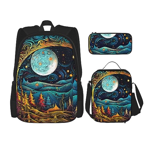 cfpolar 3 Stück Rucksack, Mond Stern Bäume Rucksack Mittagessen Tasche Federmäppchen Reise Laptop Rucksack Büchertasche Lunch Box Thermo-Kühltasche Kulturbeutel Aufbewahrungstasche Für Reisen Arbeit von cfpolar