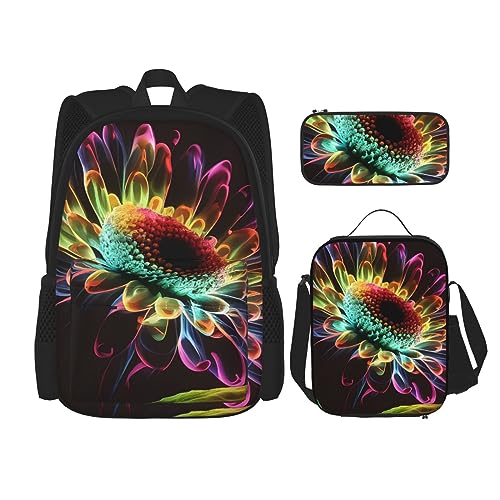 cfpolar 3 Stück Rucksack, Neon Blume Sonnenblume Rucksack Mittagessen Tasche Bleistift Fall Reise Laptop Rucksack Büchertasche Lunch Box Thermo Kühler Tote Bag Kulturbeutel Aufbewahrungstasche Für von cfpolar