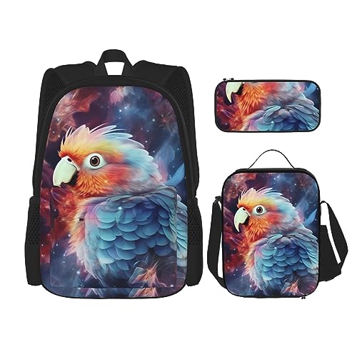 cfpolar 3 Stück Rucksack, Papagei Sternenhimmel Rucksack Mittagessen Tasche Bleistift Fall Reise Laptop Rucksack Büchertasche Lunch Box Thermo Kühler Tote Bag Kulturbeutel Aufbewahrungstasche Für von cfpolar