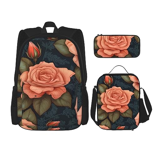 cfpolar 3 Stück Rucksack, Rose Blumen Blätter Muster Rucksack Mittagessen Tasche Bleistift Fall Reise Laptop Rucksack Büchertasche Lunch Box Thermo Kühler Tote Bag Kulturbeutel Aufbewahrungstasche Für von cfpolar