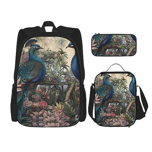 cfpolar 3 Stück Rucksack, Rose Blumen Blätter Rucksack Mittagessen Tasche Bleistift Fall Reise Laptop Rucksack Büchertasche Lunch Box Thermo Kühler Tote Bag Kulturbeutel Für Arbeit Picknick Reisen von cfpolar