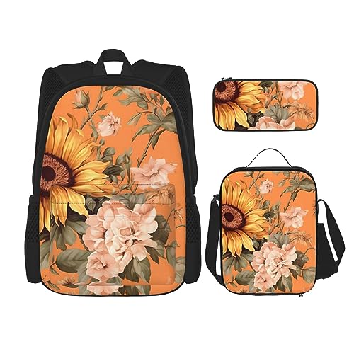 cfpolar 3 Stück Rucksack, Sonnenblume Rosen Blumen Blätter Rucksack Mittagessen Tasche Bleistift Fall Reise Laptop Rucksack Büchertasche Lunch Box Thermo Kühler Tote Bag Kulturbeutel von cfpolar