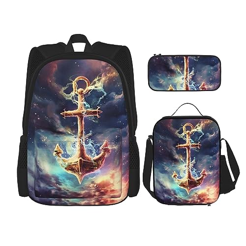 cfpolar 3 Stück Rucksack, Sternenhimmel Anker Rucksack Mittagessen Tasche Bleistift Fall Reise Laptop Rucksack Büchertasche Lunch Box Thermo Kühler Tote Bag Kulturbeutel Aufbewahrungstasche Für Reisen von cfpolar