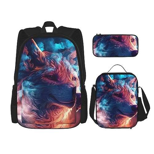 cfpolar 3 Stück Rucksack, Tier Eis Feuer Wolf Rucksack Mittagessen Tasche Bleistift Fall Reise Laptop Rucksack Büchertasche Lunch Box Thermo Kühler Tote Bag Kulturbeutel Aufbewahrungstasche Für Reisen von cfpolar