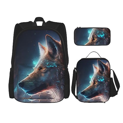 cfpolar 3 Stück Rucksack, Tier Feuer Eis Wolf Rucksack Mittagessen Tasche Bleistift Fall Reise Laptop Rucksack Büchertasche Lunch Box Thermo Kühler Tote Bag Kulturbeutel Aufbewahrungstasche Für Reisen von cfpolar