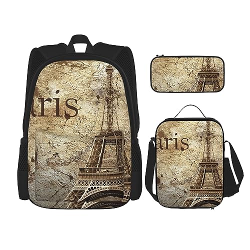 cfpolar 3 Stück Rucksack, Vintage Paris Effiel Handtuch Rucksack Mittagessen Tasche Bleistift Fall Reise Laptop Rucksack Büchertasche Lunch Box Thermo Kühler Tote Bag Kulturbeutel Aufbewahrungstasche von cfpolar