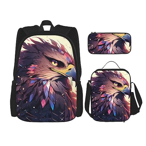 cfpolar 3 Stück Rucksack, abstrakte Kunst Adler Rucksack Mittagessen Tasche Bleistift Fall Reise Laptop Rucksack Büchertasche Lunch Box Thermo Kühler Tote Bag Kulturbeutel Aufbewahrungstasche Für von cfpolar