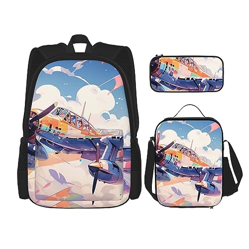 cfpolar 3-teiliger Rucksack, Aquarell-Flugzeug-Sterne-Rucksack, Lunch-Tasche, Federmäppchen, Reise-Laptop-Rucksack, Büchertasche, Lunchbox, Thermo-Kühltasche, Kulturbeutel, Aufbewahrungstasche für von cfpolar